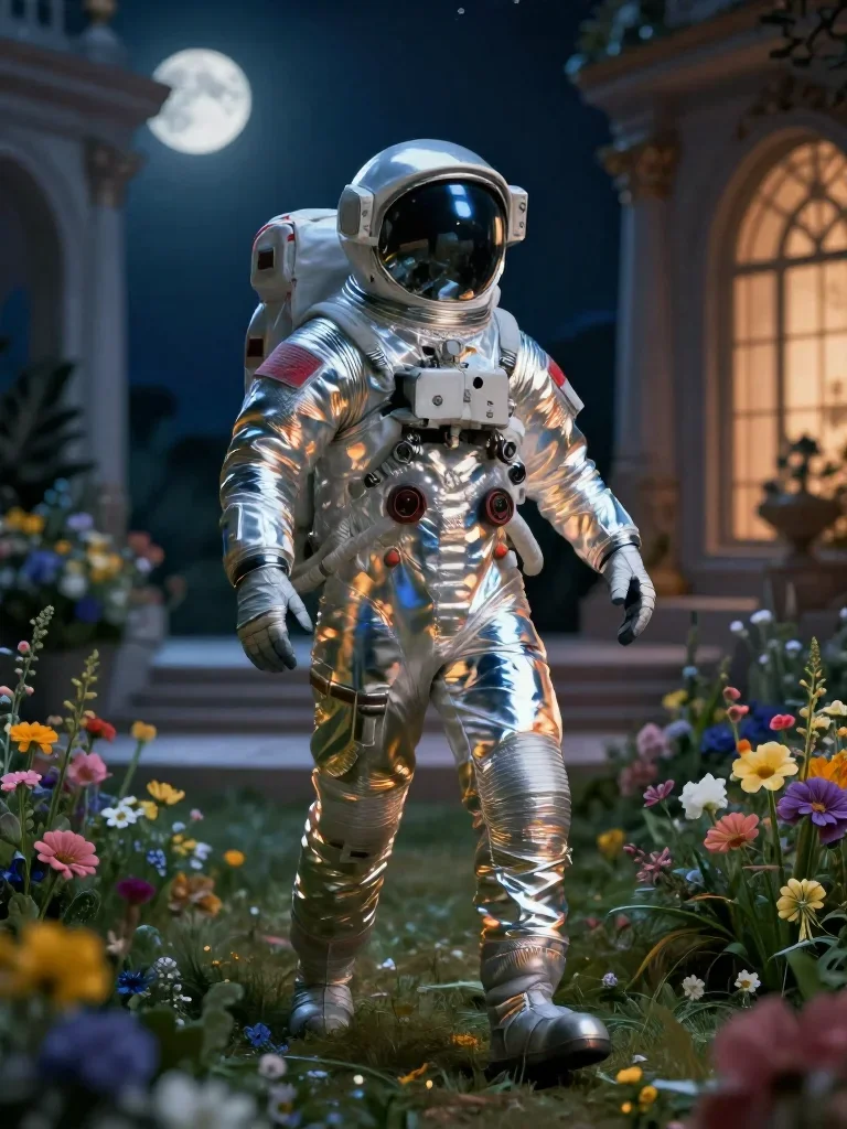 an astronaut in a reflective bodysuit among wildflowers in a confident cinematic stride, in a moonlit palace courtyard,