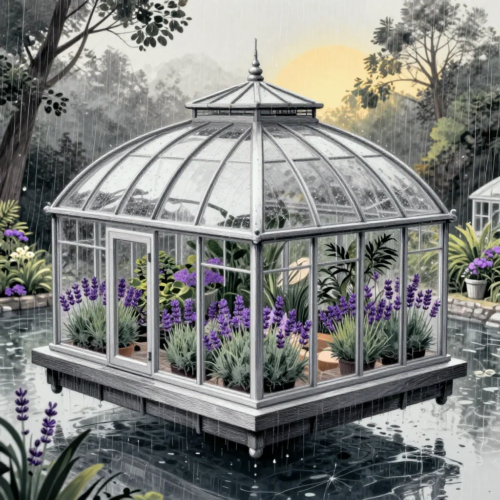 a floating botanical conservatory after warm summer rain, Japanese woodblock-inspired editorial art, atmospheric depth, 