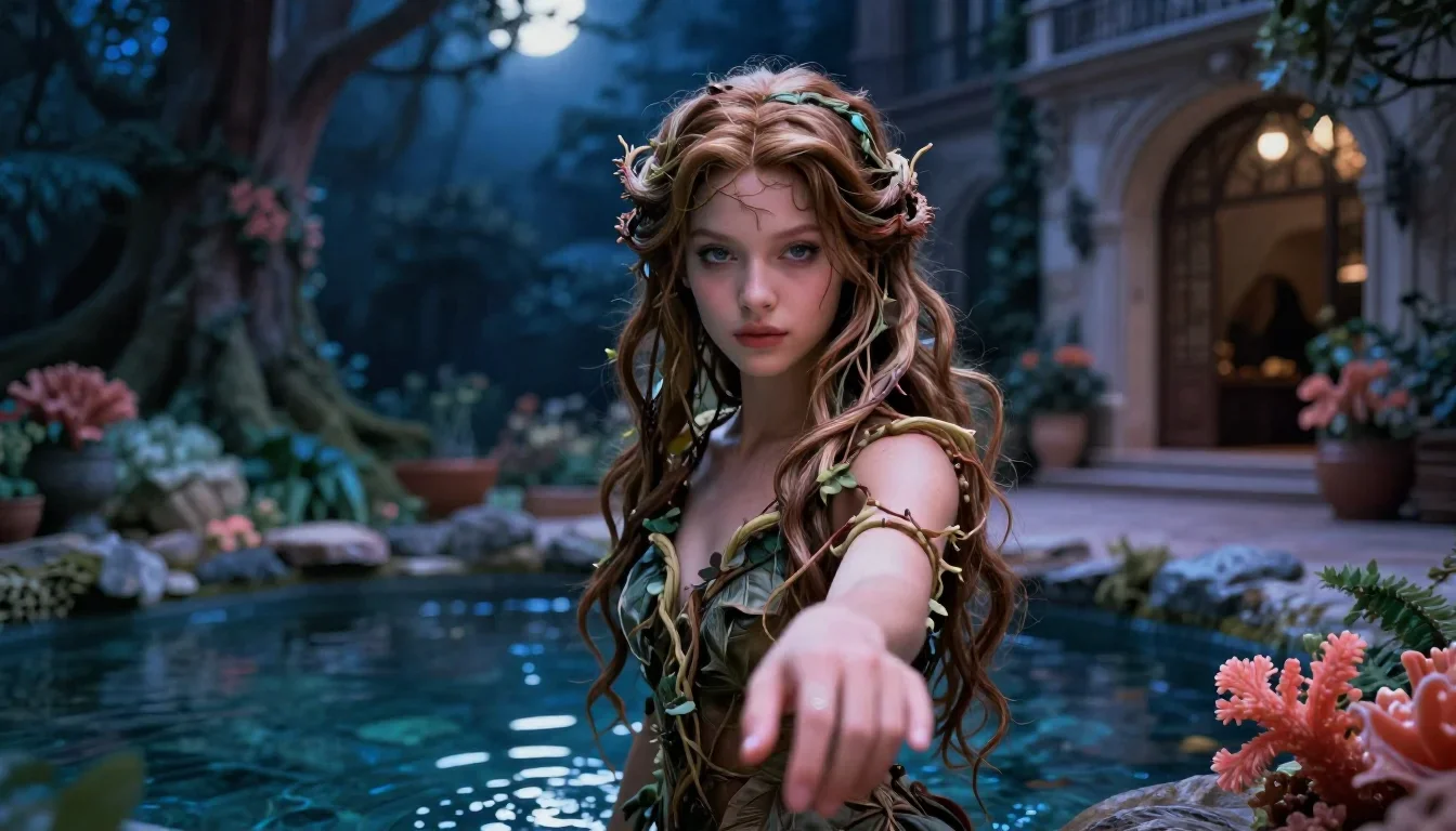 a dryad with vine-woven hair in a forest pool in a gentle reach toward the lens, in a moonlit palace courtyard, moody Fu