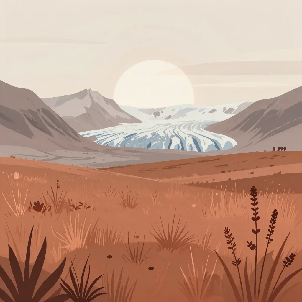 an alpine meadow beneath glaciers in quiet late-afternoon haze, contemporary botanical illustration, clean natural textu