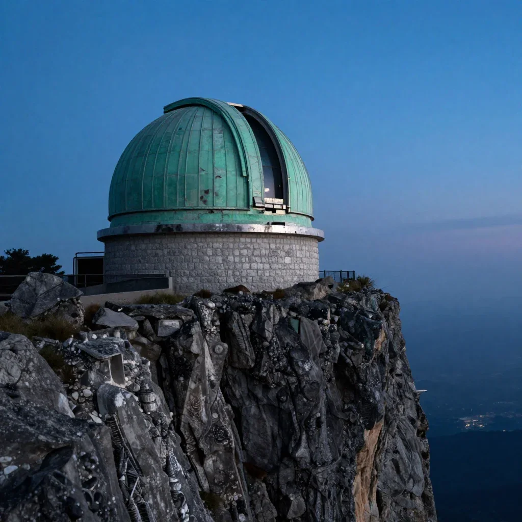 a cliffside observatory at blue hour, dreamlike fine-art landscape photography, weathered tactile surfaces, jade and cha
