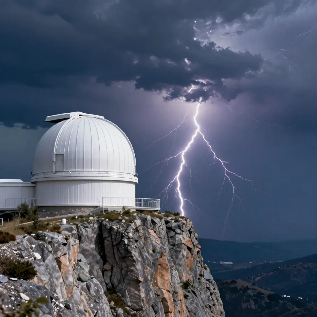 a cliffside observatory after a distant thunderstorm, quiet science-fiction concept art, clean natural textures, indigo 