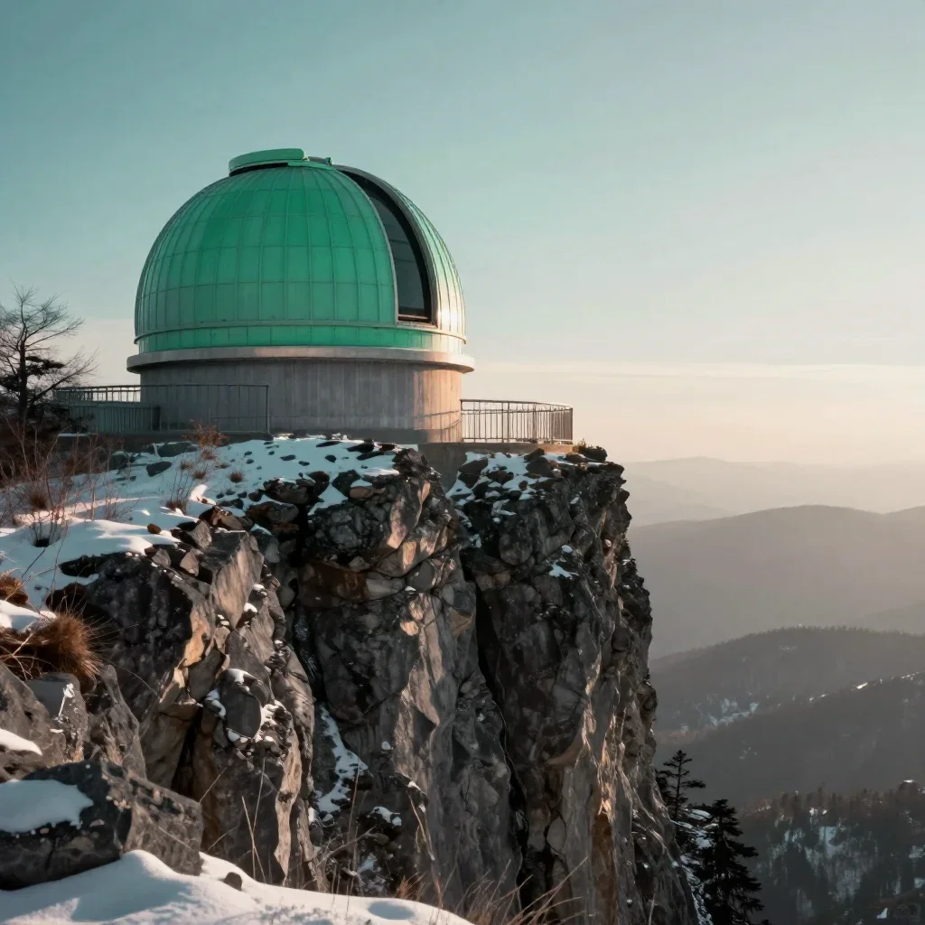a cliffside observatory in crisp winter sunlight, dreamlike fine-art landscape photography, soft volumetric light, jade 