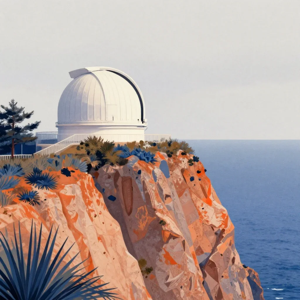 a cliffside observatory under overcast coastal light, contemporary botanical illustration, subtle film grain, ochre and 
