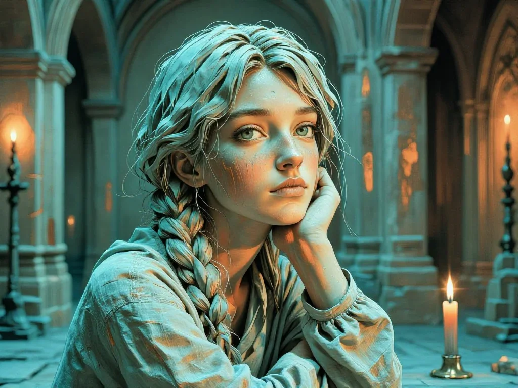 a sculptor at rest in a linen shirt, dust-hazed in a gentle reach toward the lens, in a candle-lit cathedral ruin, moody