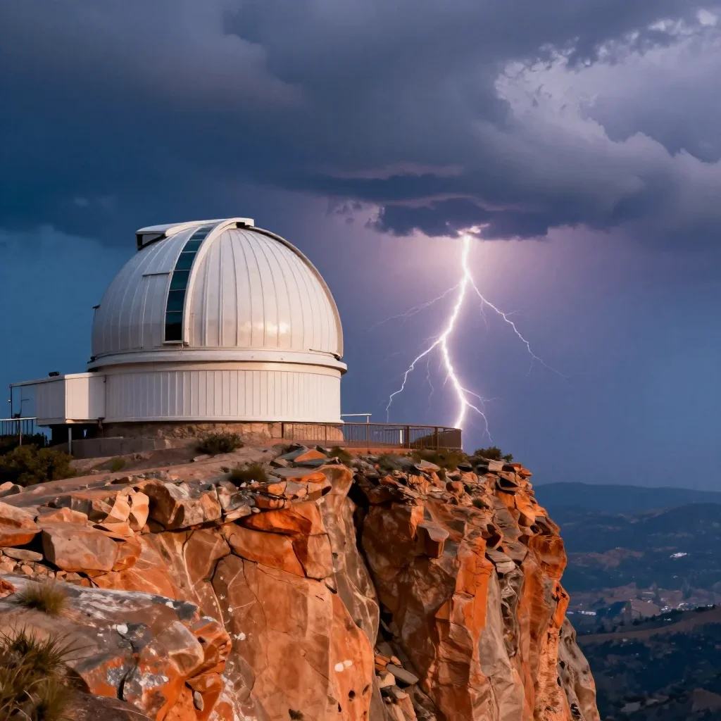 a cliffside observatory after a distant thunderstorm, refined editorial travel photography, weathered tactile surfaces, 