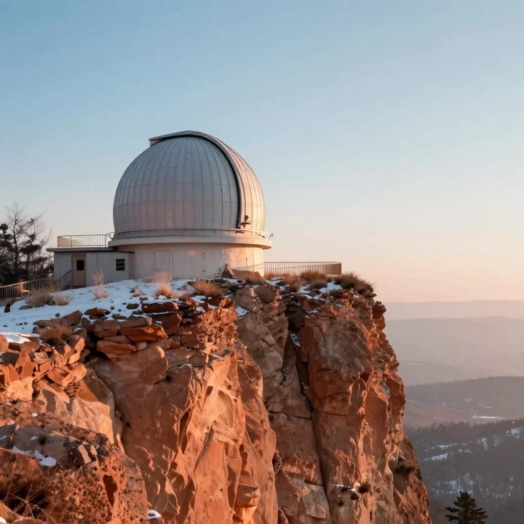 a cliffside observatory in crisp winter sunlight, dreamlike fine-art landscape photography, soft volumetric light, terra