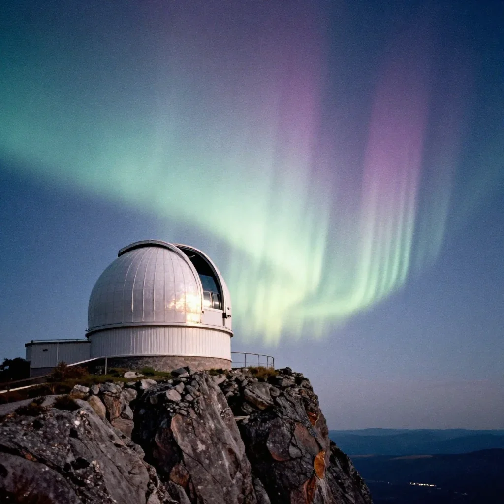 a cliffside observatory beneath an aurora, soft-grain analog film photography, gentle reflected light, indigo and pearl 