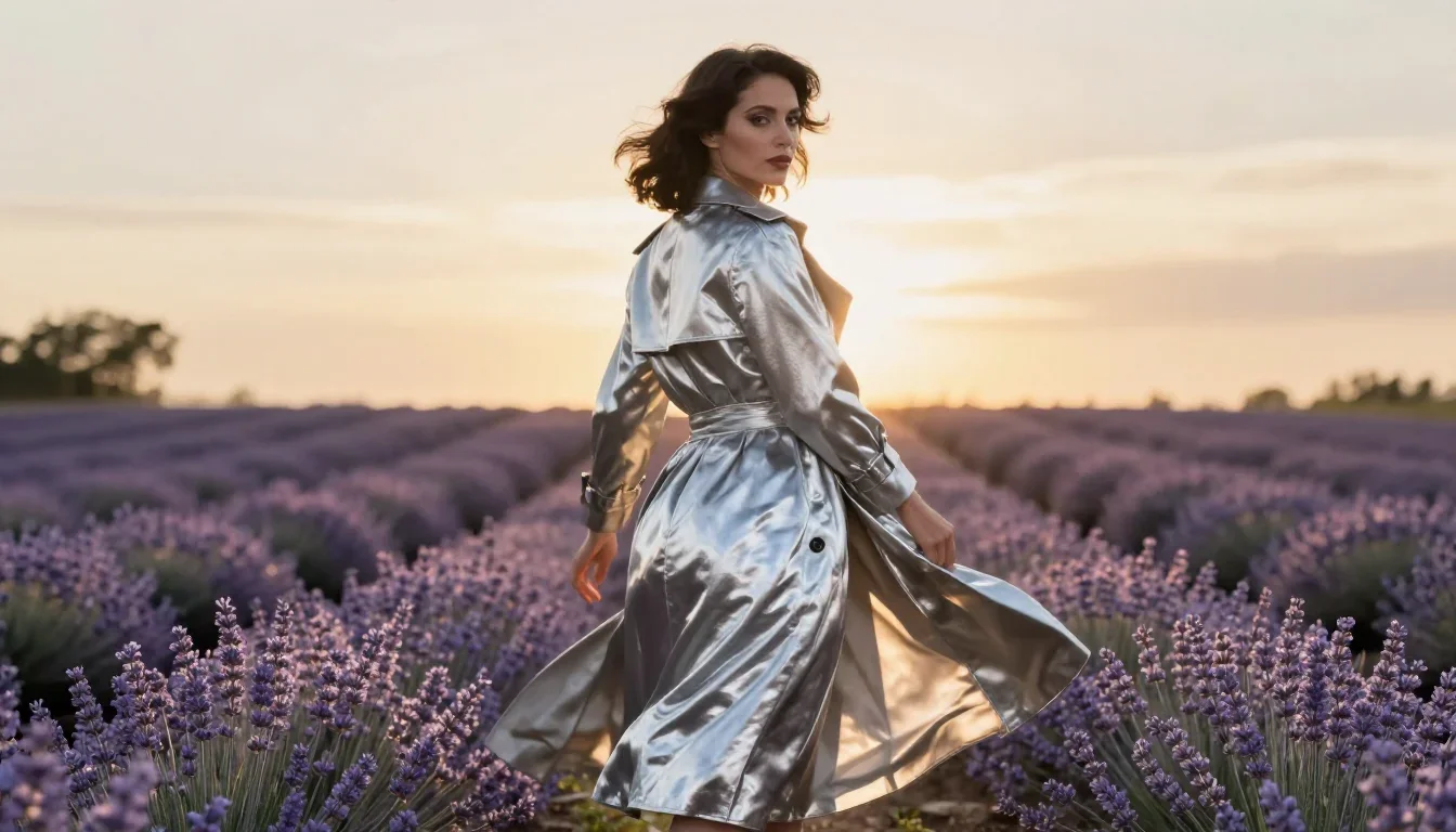 a noir detective's femme fatal muse in a trench coat mid-turn with fabric catching the light, in a backlit golden-hour f