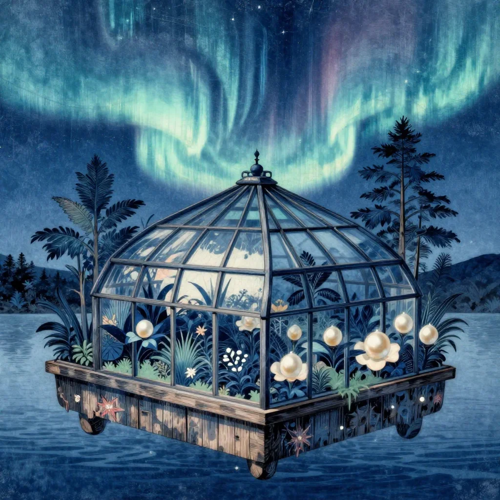 a floating botanical conservatory beneath an aurora, Japanese woodblock-inspired editorial art, weathered tactile surfac