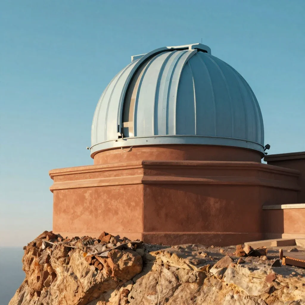 a cliffside observatory in crisp winter sunlight, cinematic architectural photography, careful geometric composition, te