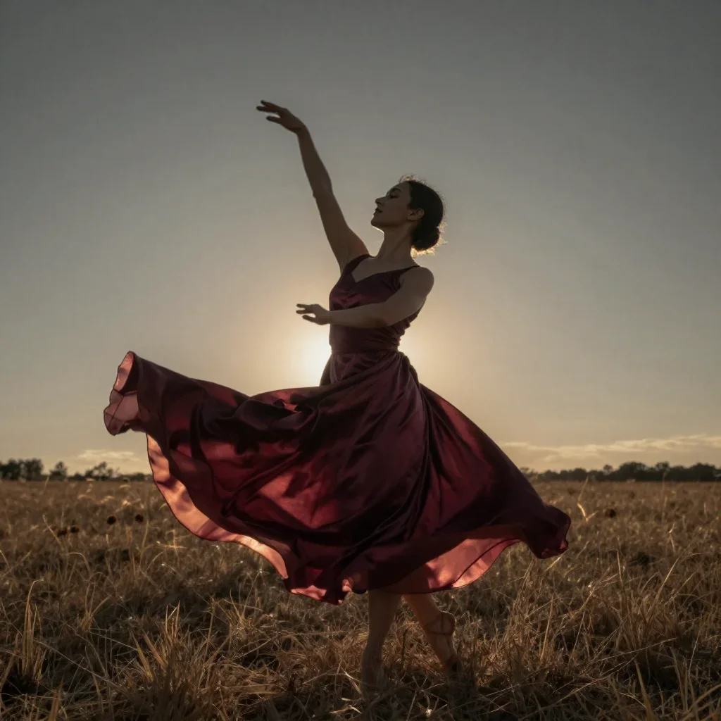 a dancer mid-spin in a silk maxi dress mid-turn with fabric catching the light, in a backlit golden-hour field, neo-noir