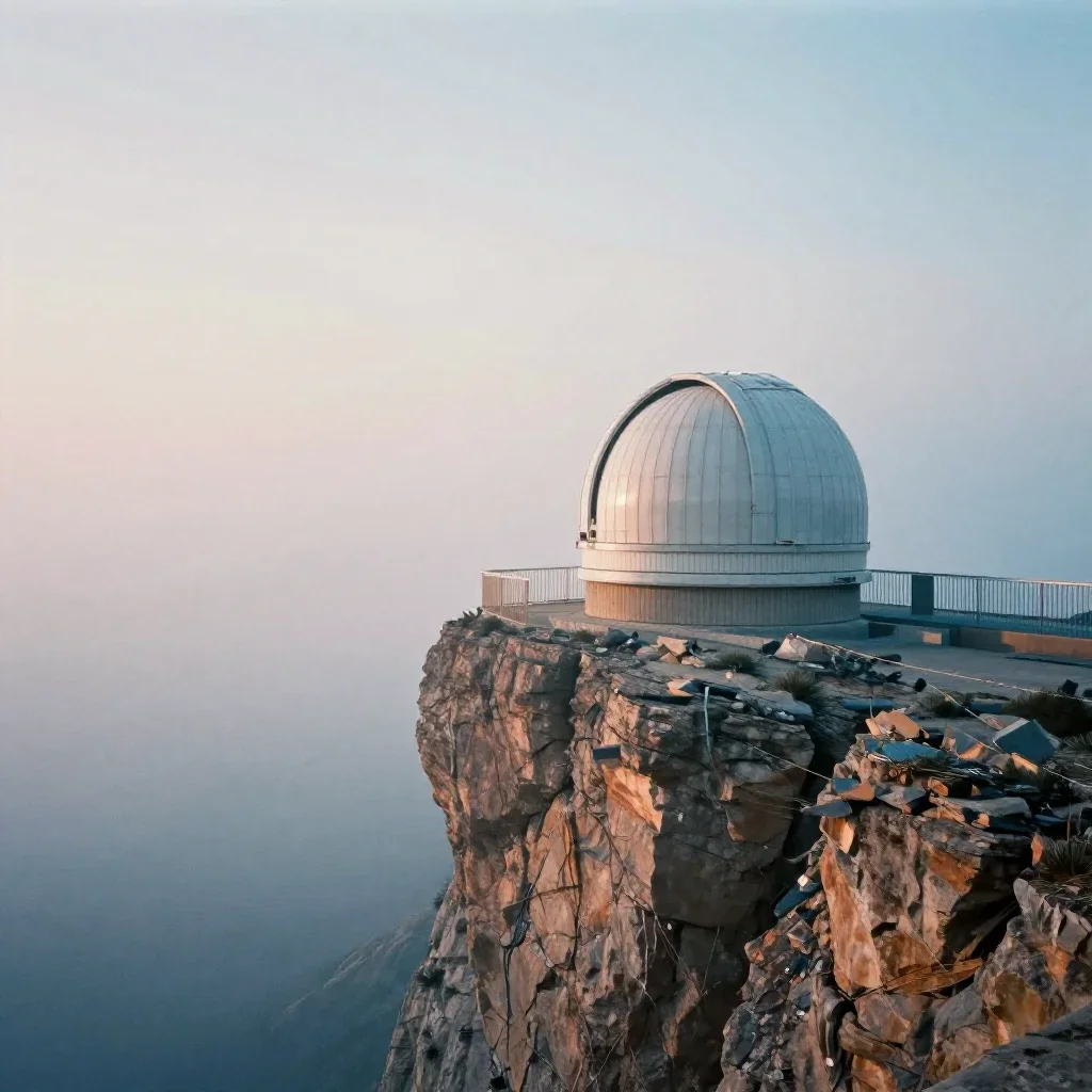 a cliffside observatory under soft dawn fog, dreamlike fine-art landscape photography, subtle film grain, ice blue and w