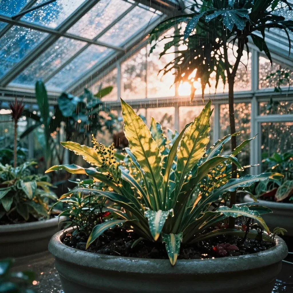 a floating botanical conservatory after warm summer rain, soft-grain analog film photography, restrained color harmony,