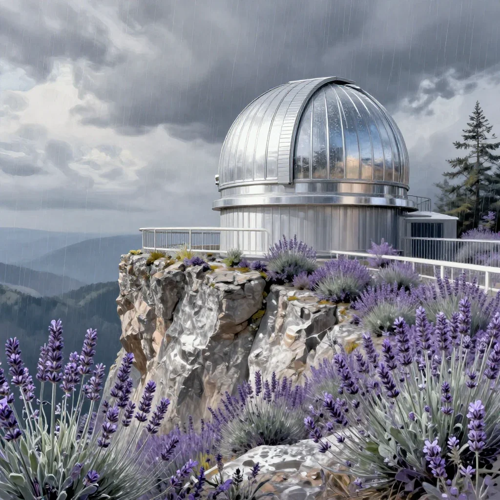 a cliffside observatory after warm summer rain, contemporary botanical illustration, crisp material detail, lavender and