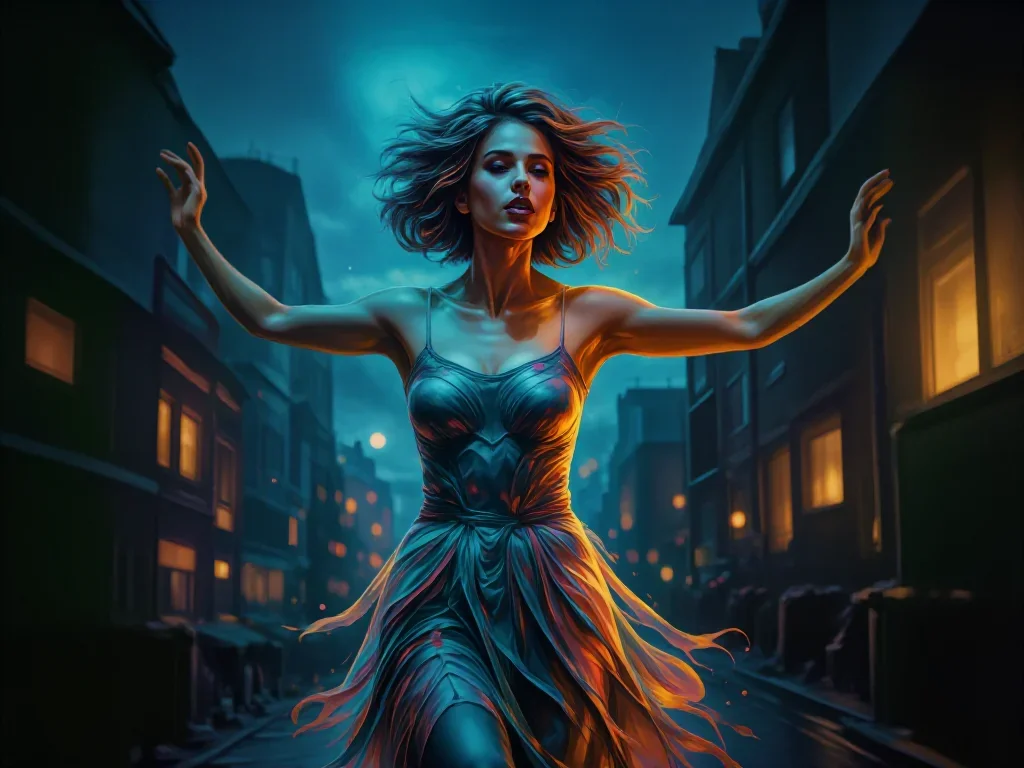 a young woman in a flowing silk gown in a bold, open-armed welcome, in a blue-hour city apartment, moody Fujifilm street