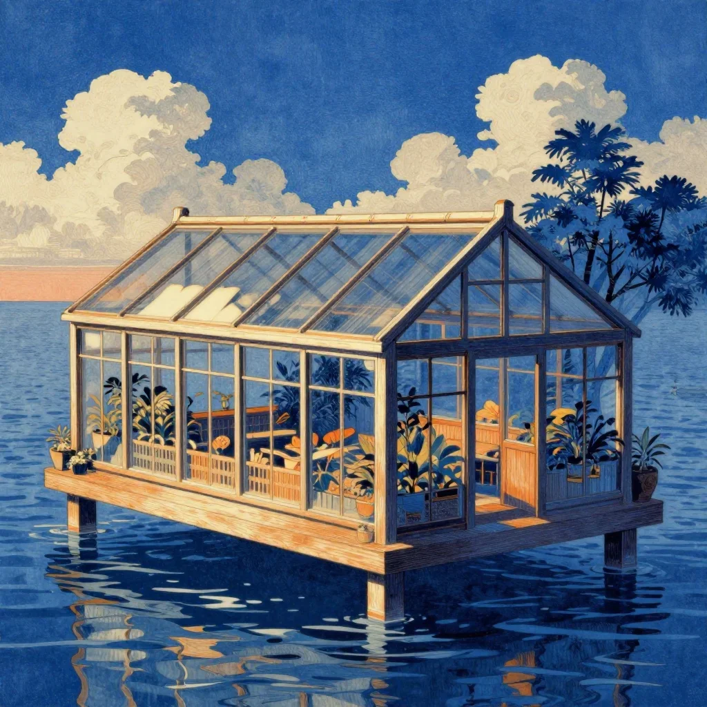 a floating botanical conservatory in a gentle sea breeze, Japanese woodblock-inspired editorial art, crisp material deta