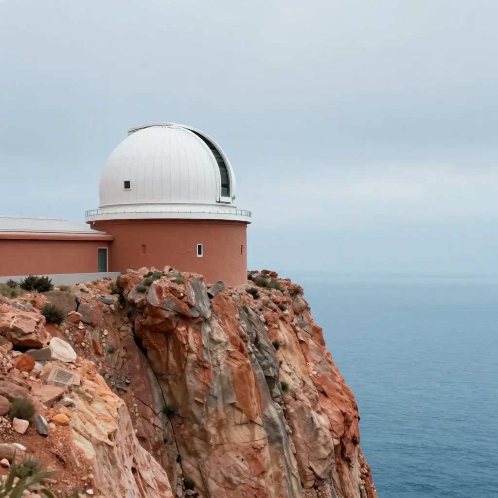 a cliffside observatory under overcast coastal light, high-end design magazine photography, restrained color harmony, te