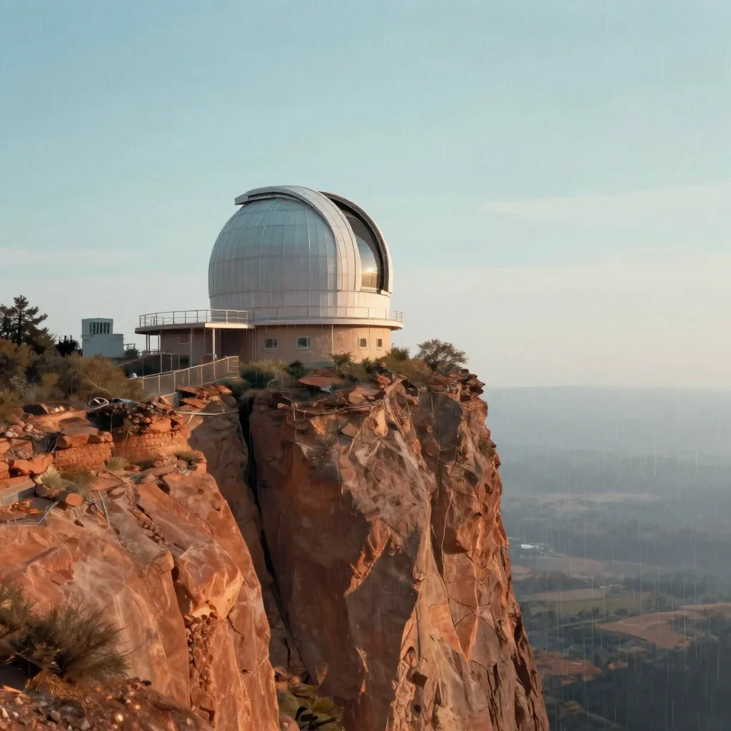 a cliffside observatory after warm summer rain, quiet science-fiction concept art, restrained color harmony, terracotta