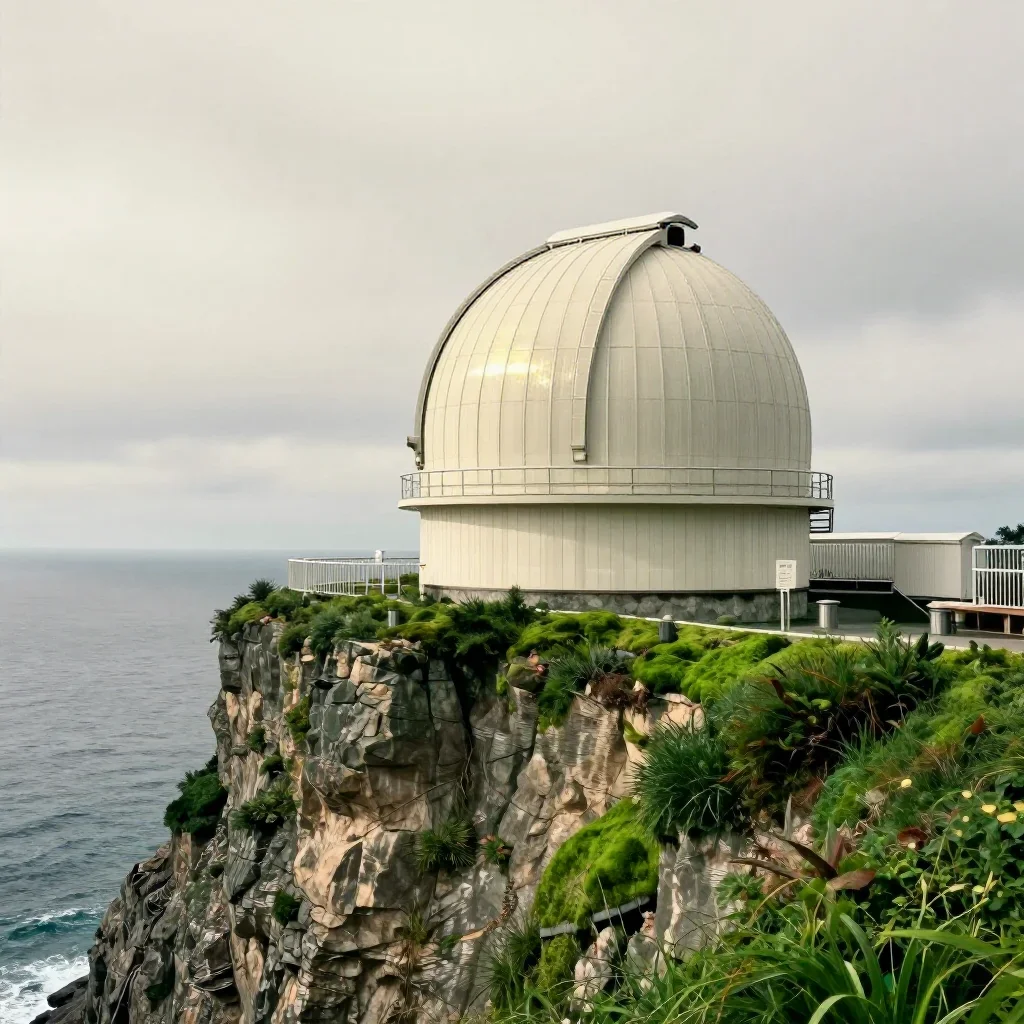 a cliffside observatory under overcast coastal light, Japanese woodblock-inspired editorial art, gentle reflected light,