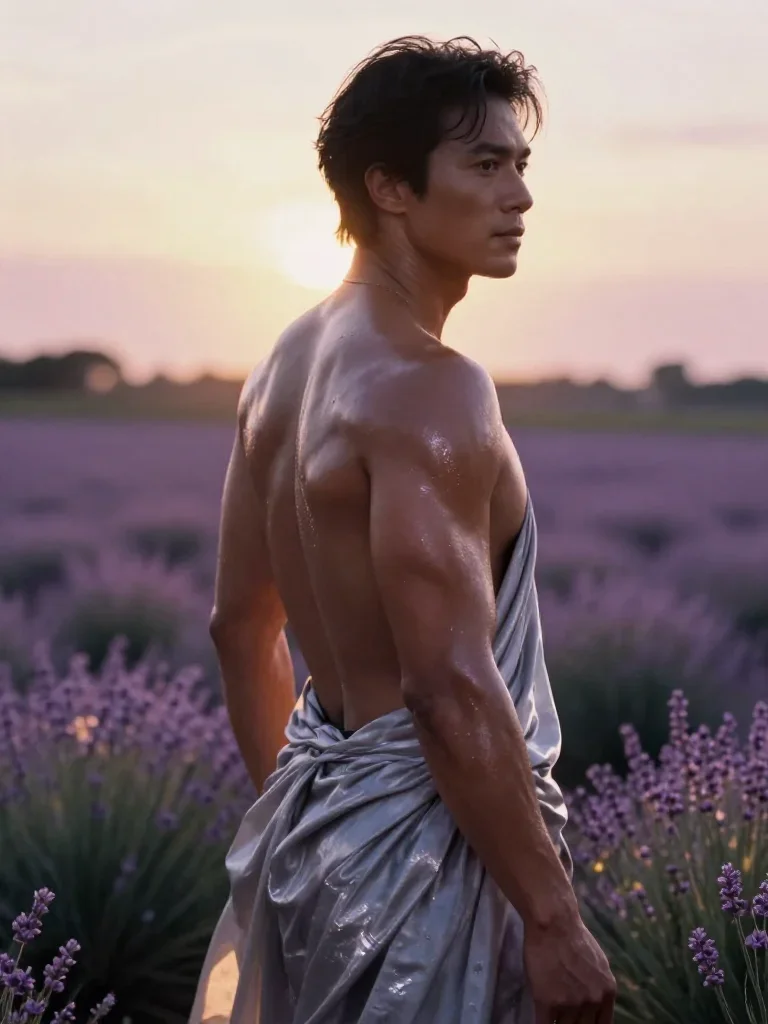 a chiseled athlete in dramatic rim light, oiled skin mid-turn with fabric catching the light, in a backlit golden-hour f
