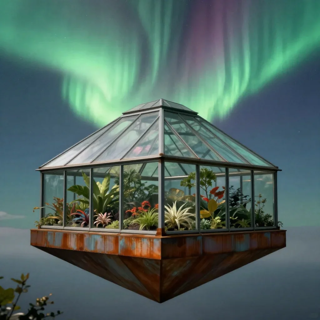 a floating botanical conservatory beneath an aurora, dreamlike fine-art landscape photography, careful geometric composi