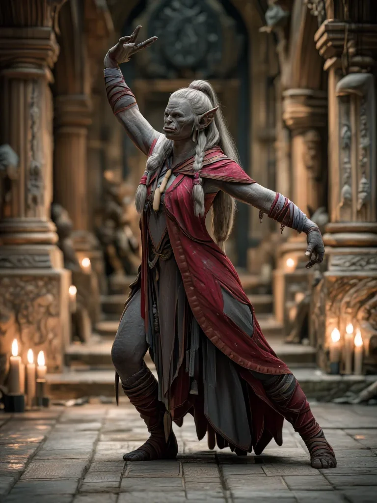 a sorceress in a star-lit midnight cloak in a graceful contrapposto pose, in a candle-lit cathedral ruin, mythology-insp