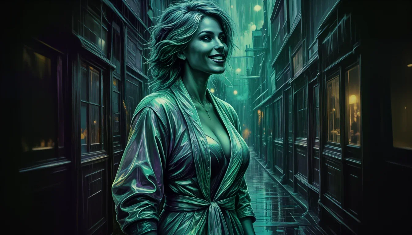 a smiley lounge singer in a satin robe in a dramatic three-quarter profile, in a rain-slick neon alley, high-fashion run