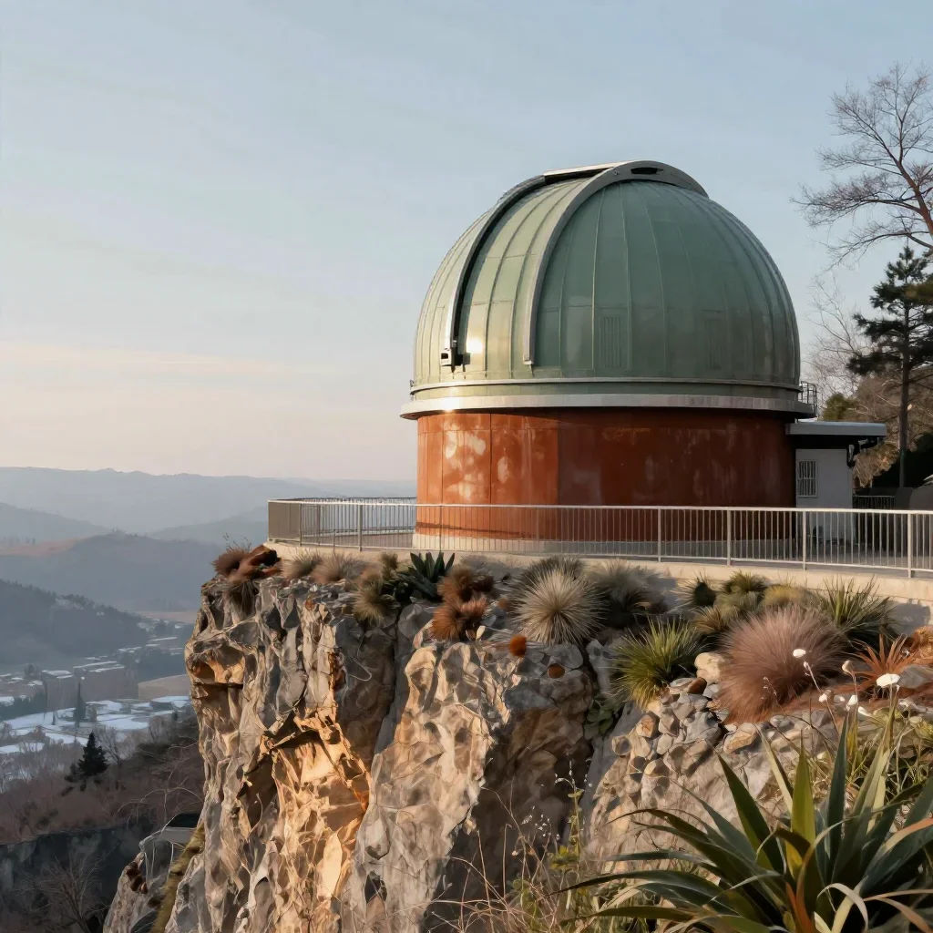a cliffside observatory in crisp winter sunlight, contemporary botanical illustration, gentle reflected light, rust and