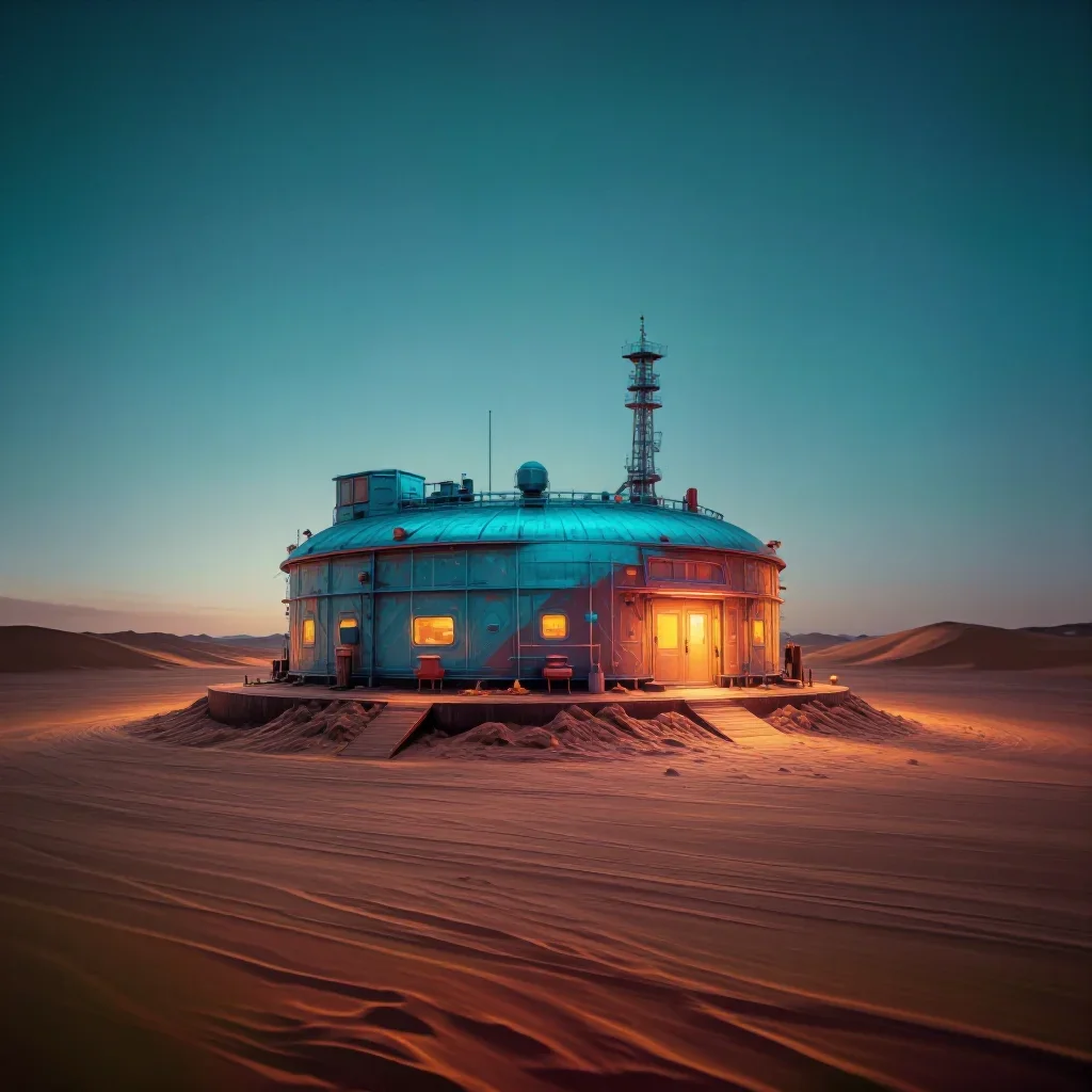 a desert research station at blue hour, high-end design magazine photography, restrained color harmony, terracotta and p
