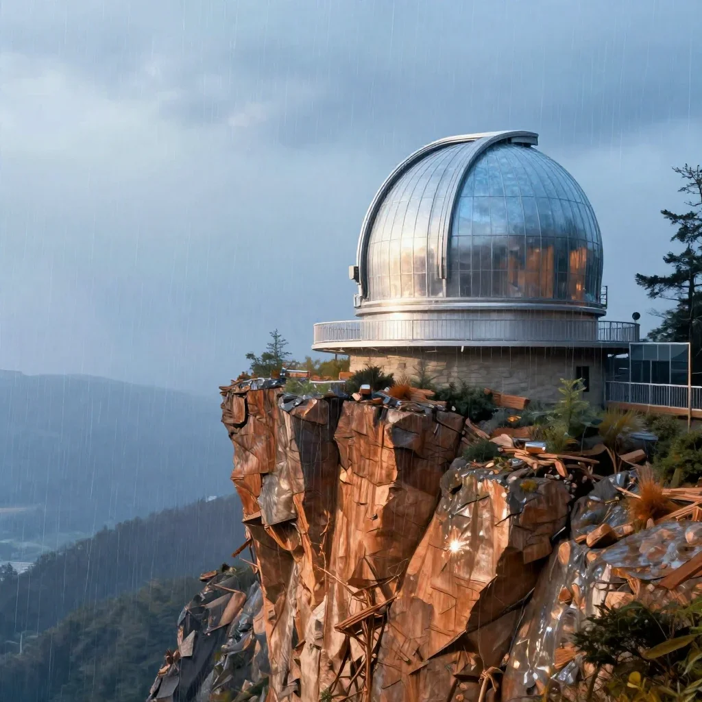 a cliffside observatory after warm summer rain, quiet science-fiction concept art, soft volumetric light, ice blue and w