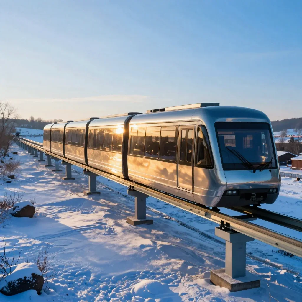 a glass monorail in crisp winter sunlight, museum-quality still-life photography, clean natural textures, cobalt and amb
