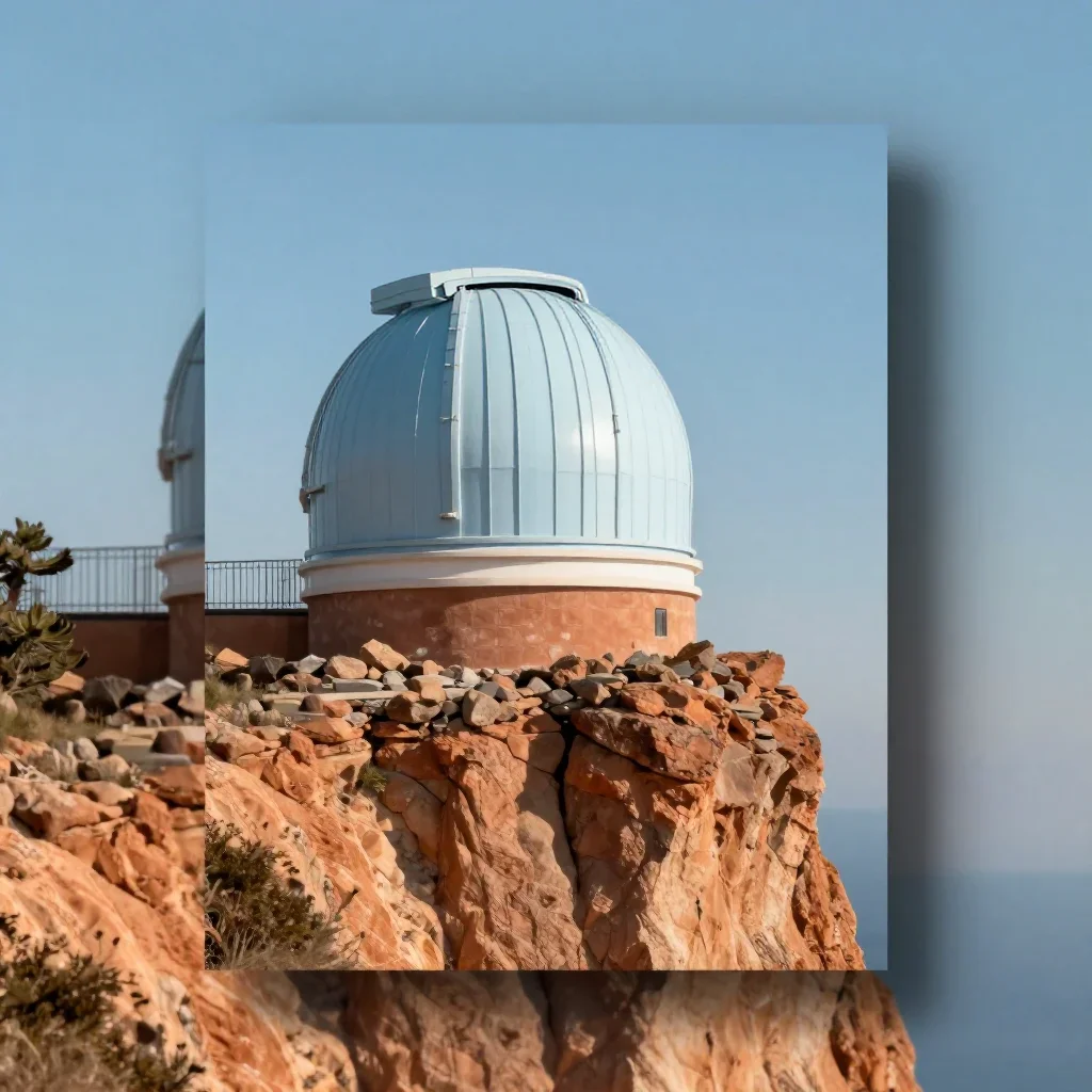 a cliffside observatory in crisp winter sunlight, high-end design magazine photography, careful geometric composition, t