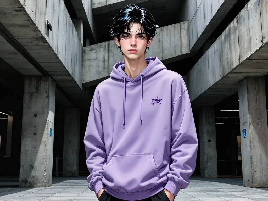 a streetwear influencer with wet-look hair standing tall with hands in pockets, in a brutalist concrete atrium, neo-noir