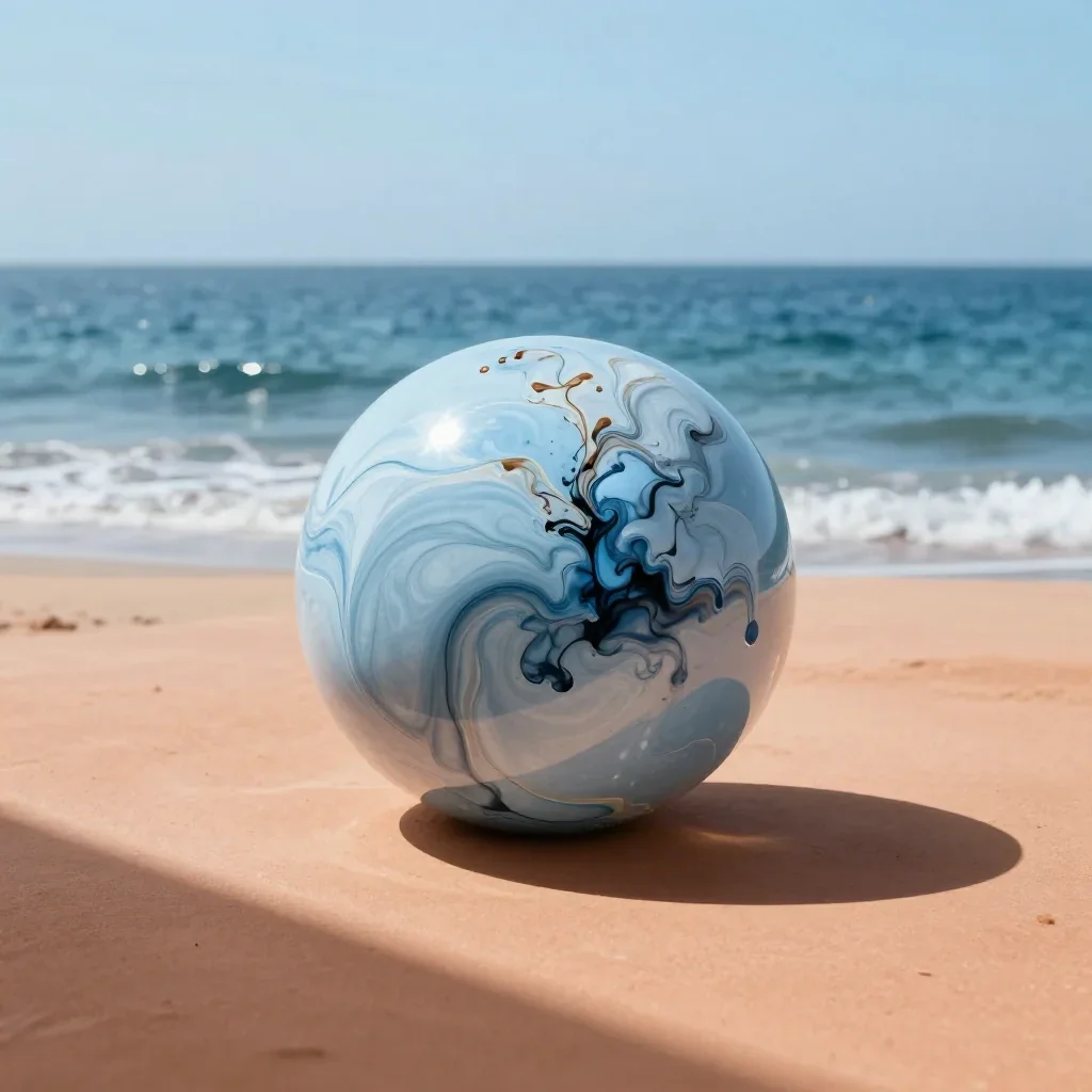 a fluid marble and ink composition in a gentle sea breeze, museum-quality still-life photography, careful geometric comp
