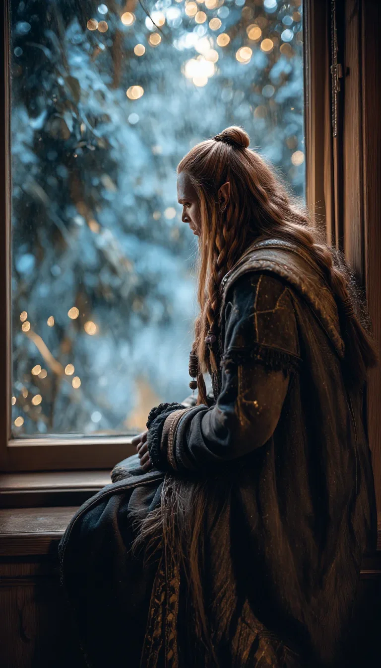 a sorceress in a star-lit midnight cloak in a seated silhouette against a window, in a dewy forest clearing, moody Fujif