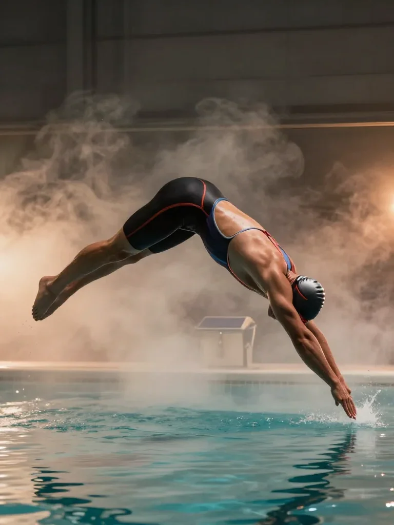 a swimmer before the plunge in a racing suit in a dramatic three-quarter profile, in a smoke-lit photo studio, Vogue-sty