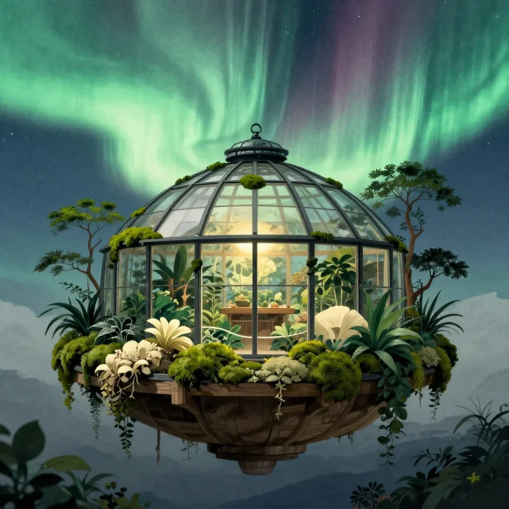a floating botanical conservatory beneath an aurora, Japanese woodblock-inspired editorial art, atmospheric depth, moss 