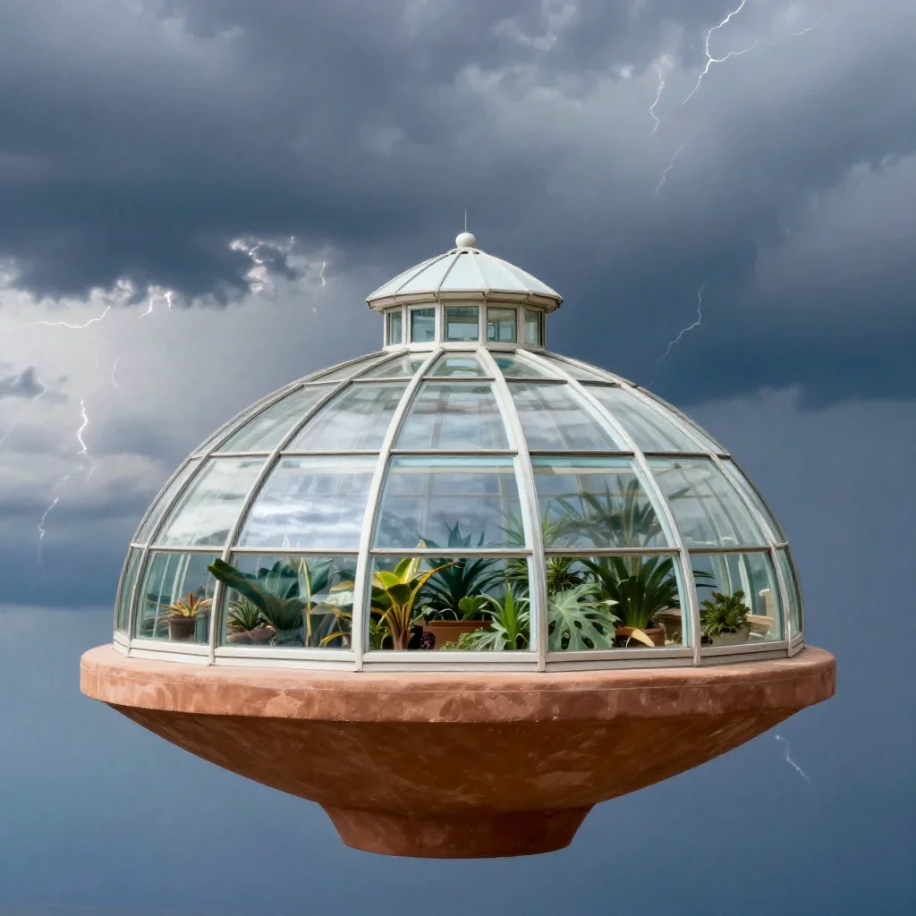a floating botanical conservatory after a distant thunderstorm, refined editorial travel photography, atmospheric depth,