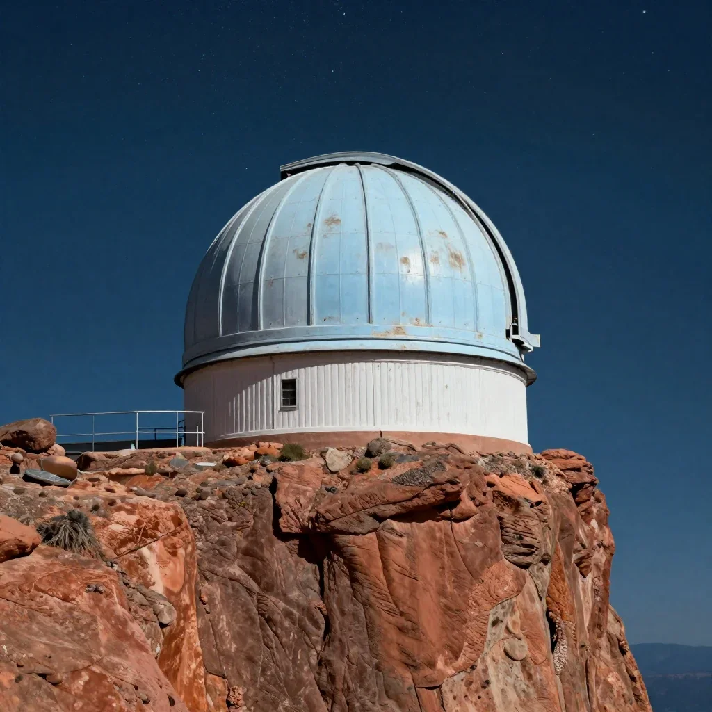 a cliffside observatory beneath a star-filled sky, quiet science-fiction concept art, weathered tactile surfaces, terrac