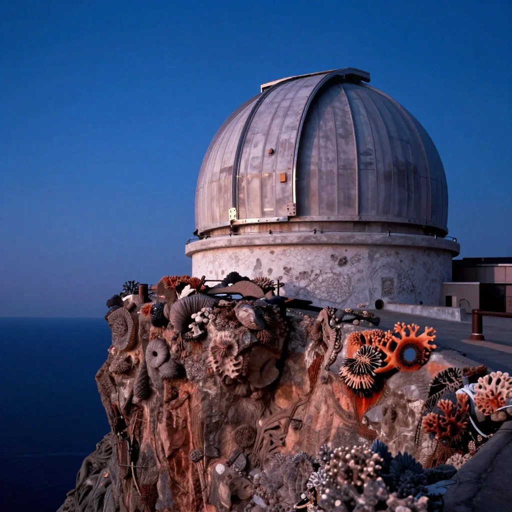 a cliffside observatory at blue hour, cinematic architectural photography, weathered tactile surfaces, coral and midnigh