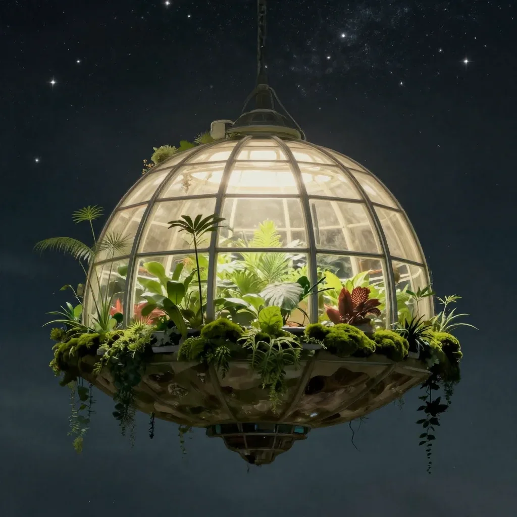 a floating botanical conservatory beneath a star-filled sky, quiet science-fiction concept art, calm negative space, mos