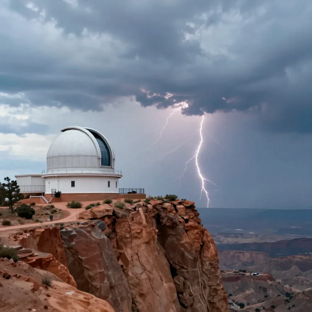 a cliffside observatory after a distant thunderstorm, quiet science-fiction concept art, soft volumetric light, terracot