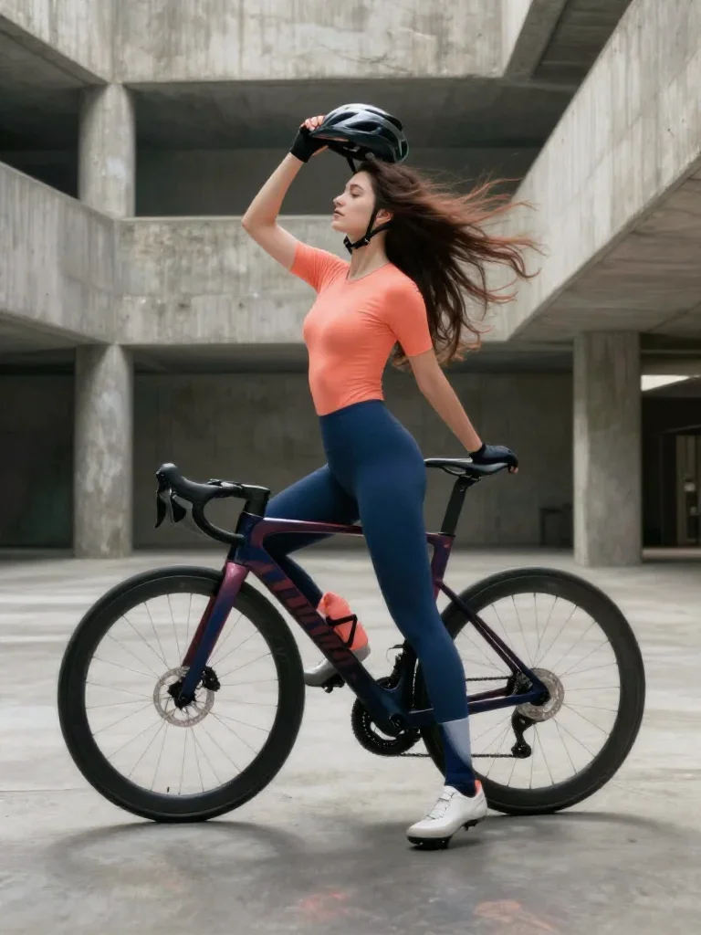 a rider removing a helmet, flushed and windblown in a graceful contrapposto pose, in a brutalist concrete atrium, Renais