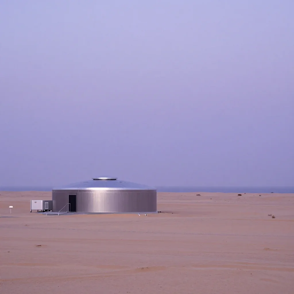 a desert research station under overcast coastal light, quiet science-fiction concept art, calm negative space, lavender