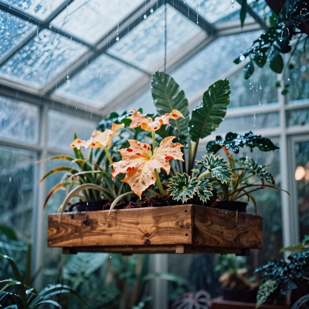 a floating botanical conservatory after warm summer rain, soft-grain analog film photography, atmospheric depth, ice blu