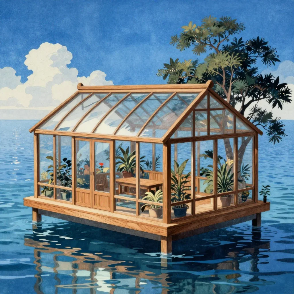 a floating botanical conservatory in a gentle sea breeze, Japanese woodblock-inspired editorial art, gentle reflected li
