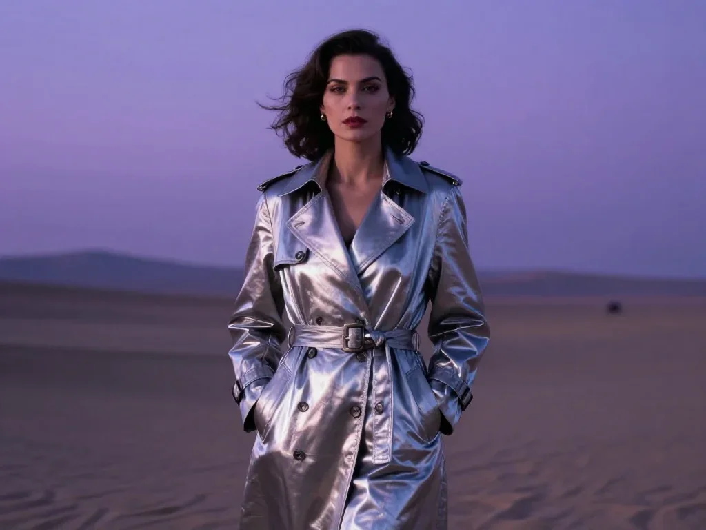 a noir detective's femme fatal muse in a trench coat standing tall with hands in pockets, in a silent desert at twilight