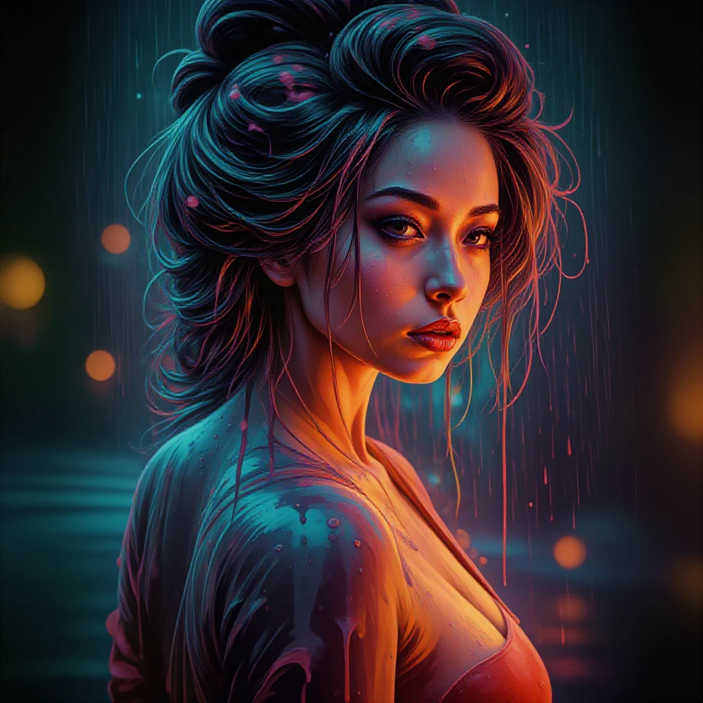 Cyber-geisha under monsoon neon, rain beading on lacquered skin, reflective puddles, anamorphic bokeh