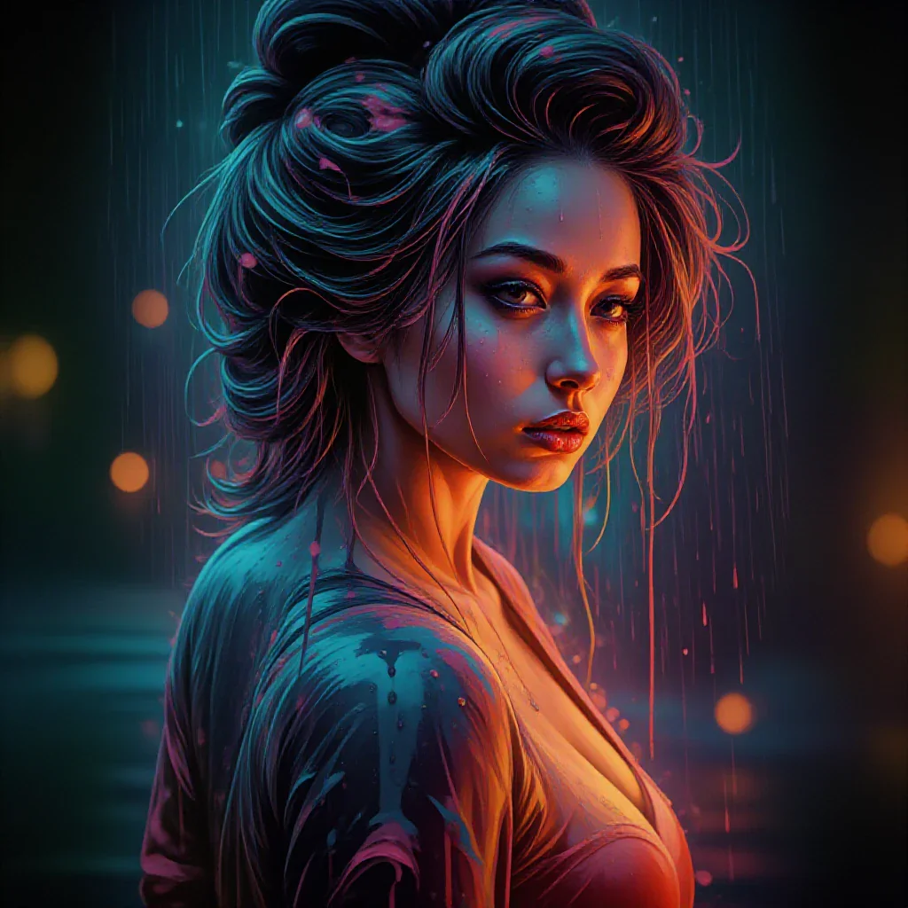 Cyber-geisha under monsoon neon, rain beading on lacquered skin, reflective puddles, anamorphic bokeh